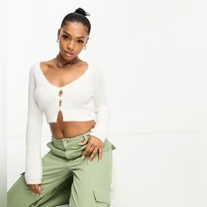 ASOS DESIGN crop cardigan in fluffy yarn in cream